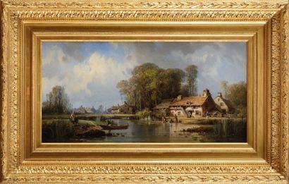 Charles Euphrasie KUWASSEG (1838-1904) Village animé au bord de l’eau
Huile sur toile
Signée...