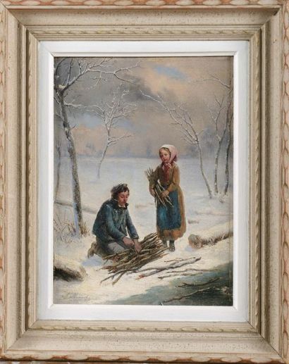 Louis-Claude MALLEBRANCHE (1790-1838) Les petits ramasseurs de fagots sous la neige
Huile...