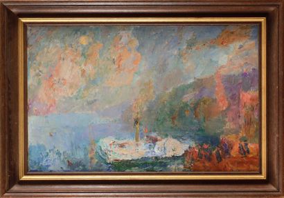 ALBERT LEBOURG (1849-1928) Vue d’un Port avec un Bateau à Vapeur
Sur sa toile d’origine
Signée...