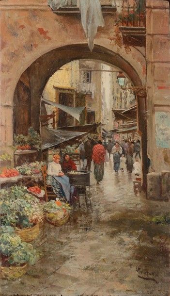 Attilio Pratella (1856-1949) Rue animée à Naples
Huile sur panneau
Signée en bas...