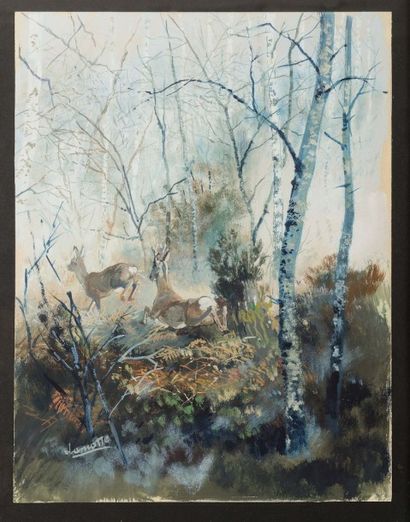 Emmanuel LAMOTTE (1903-1983) Biches en forêt
Aquarelle gouachée
Signée en bas à gauche
34...