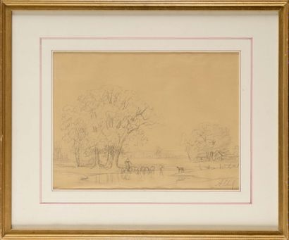 Adrien SCHULZ (1851-1931) Bergère et son troupeau à Barbizon
Dessin au crayon
Signé...