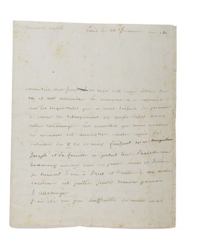 BONAPARTE (Letizia) Lettre manuscrite avec 5 mots autographes. Paris, 23 frimaire...