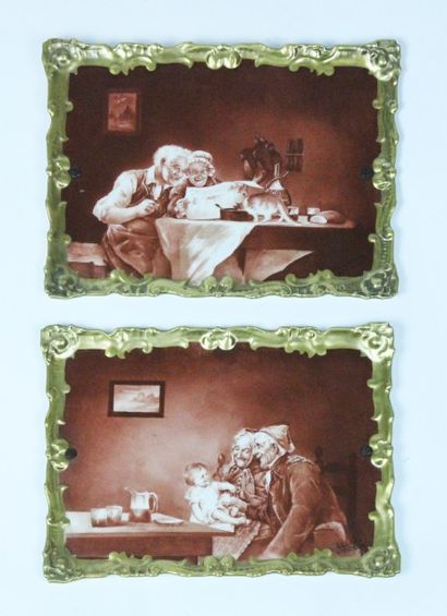 ECOLE DES BEAUX ARTS DE LIMOGES, Vers 1880 Scènes de genre Deux plaques en céramique...