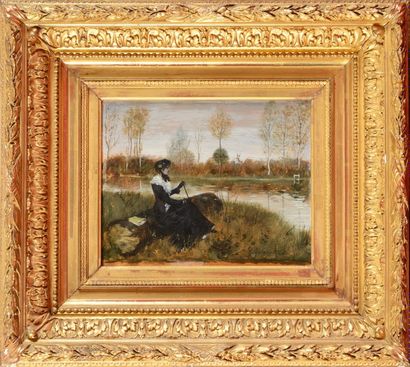 Norbert GOENEUTTE (1854-1894) Elegante au bord d'un étang Huile sur panneau signé...