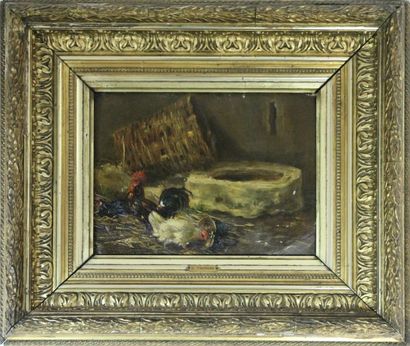 Constant TROYON (1810-1865) Les Poules Huile sur toile marouflée sur carton Signé...