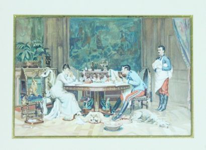 A. CAUSTAUMAN (XIXème siècle) Le repas animé et Le repos du soldat Huile et aquarelle...