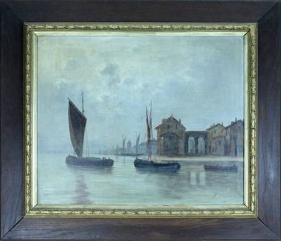 Nicolas Alexandrovitch OKOLOWICZ (1867-1928) Scène de port Huile sur toile Signée...