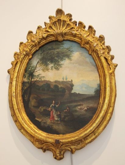 null ECOLE FRANCAISE du XVIIIème siècle Paysages animés Suite de quatre huiles sur...