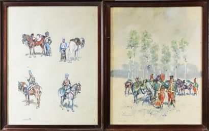 null Emmanuel LAMOTTE (1916-1998) Chevaux et militaires Ensemble de sept gouaches...