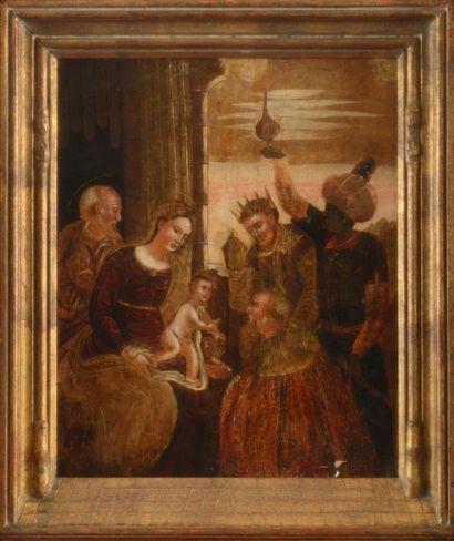 null ECOLE VENETO-DALMATE vers 1600 Adoration des Mages Panneau 37 x 30,5 cm restaurations...