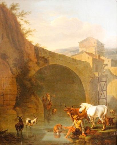 null ECOLE HOLLANDAISE du XIXème siècle Vaches sous le pont Huile sur toile 65,5...