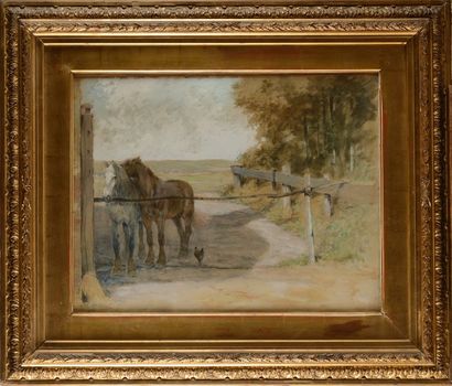 null ECOLE FRANCAISE Fin XIXème siècle Deux chevaux dans le paddock. Gouache et aquarelle....