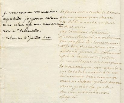 null LOUIS XV. Apostille autographe (Calais, 5 juillet 1744, 5 lignes) sur une lettre...