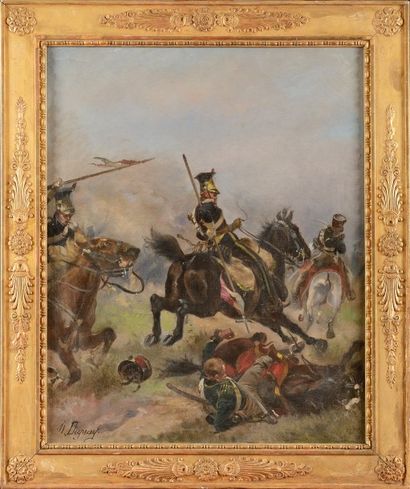 Henri Dupray (1841-1909). « Lancier de la Vistule à la charge ». Huile sur toile...