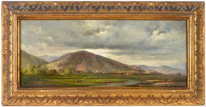 null Jules COIGNET (1798-1860) Paysage à la montagne Huile sur panneau Signée en...