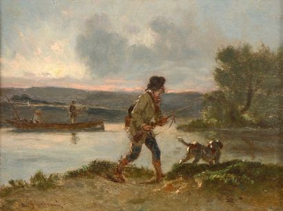 null Alexandre Marie GUILLEMIN (1817-1880) La chasse aux canards Huile sur panneau...