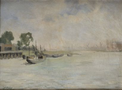 null Louis Alexandre CABIE (1854-1939) Bateaux au port Sur sa toile d’origine Signée...