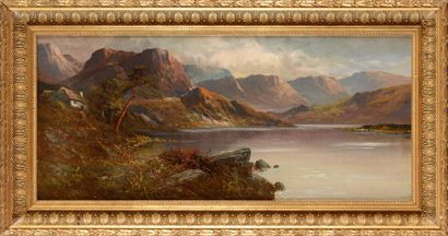 null Aubrey RAMUS (XIXème-XXème siècle) Lac en montagne Huile sur carton fort Signée...