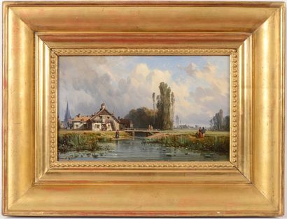 null Charles Euphrasie KUWASSEG (1838-1904) Village au bord de l’eau Huile sur toile...