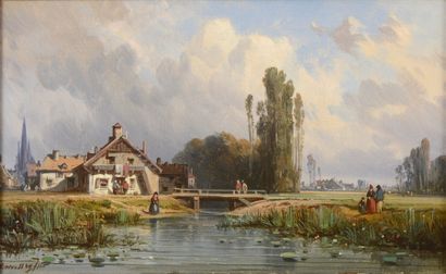 null Charles Euphrasie KUWASSEG (1838-1904) Village au bord de l’eau Huile sur toile...