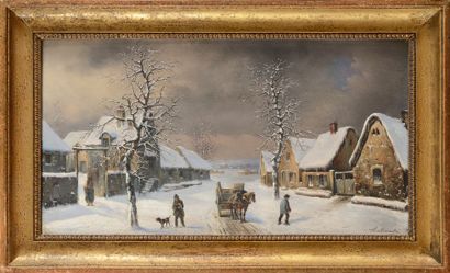 null Louis-Claude MALLEBRANCHE (1790-1838) Village sous la neige Huile sur panneau...