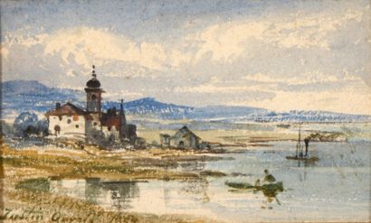 null Justin Pierre OUVRIÉ (1806-1879) Eglise en bord de mer Aquarelle Signée et datée...