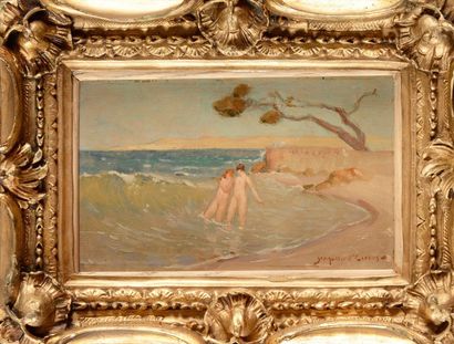 null Yves MULLER D’ESCARS (1876-1958) Deux baigneuses Huile sur panneau Signée en...