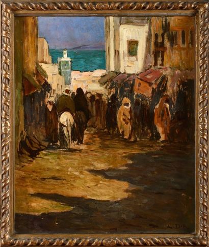null Charles DAGNAC-RIVIERE (1864-1945) Rue animée dans la Médina Huile sur panneau...