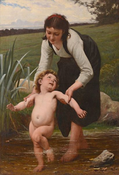 null Alfred DELOBBE (1835-1920) Le bain du petit frère, 1880 Huile sur toile (restaurations)...