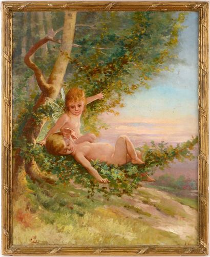 null Henri BLANC-FONTAINES (1819-1897) Putti jouant au pied d’un arbre Deux huiles...