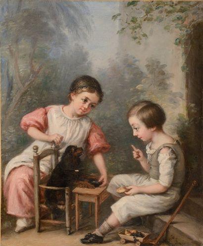 null Félicie BEAUDIN (1797 - 1879) Deux enfants jouant avec un chien Huile sur toile...