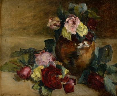 null Jeanne GUÉRARD-GONZALES (1856-1924) Jeté et bouquet de roses Huile sur toile...