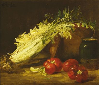 null Alfred ROUBY (1849-1909) Céleri et tomates sur un entablement Huile sur panneau...