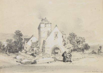 null Jules Achille NOËL (1810-1881) Couple devant une église Crayon et gouache Signé...