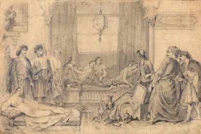 null Ecole Française du XIXème siècle Scène de harem Crayon 12 x 18 cm (à vue) Pencil,...