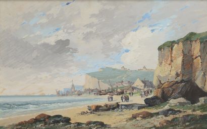null Eugène GALIEN-LALOUE ( 1854 - 1941 ) Bord de mer animé aux environs de Fécamp...