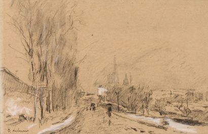 null Albert Marie LEBOURG (1849-1928) L’entrée de Rouen sous la neige Fusain et pastel...