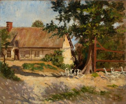 null Auguste DURST (1842-1930) Les oies devant la ferme Huile sur toile Signée en...