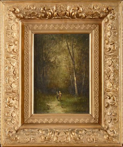 null LAMOIS (XIXème siècle) Promeneurs en forêt Huile sur panneau Signée en bas à...