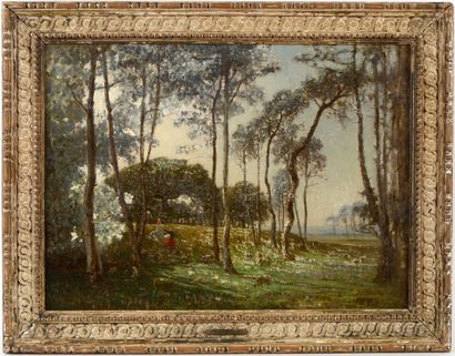null Henri Joseph HARPIGNIES (1819-1916) Moutons et bergères en forêt Sur sa toile...
