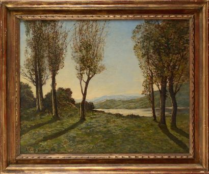 null Henri Joseph HARPIGNIES (1819-1916) Arbres devant un lac Huile sur toile (accident)...