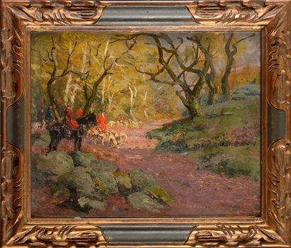 null Édouard DOIGNEAU (1865-1954) Scène de chasse à courre en Forêt de Fontainebleau...