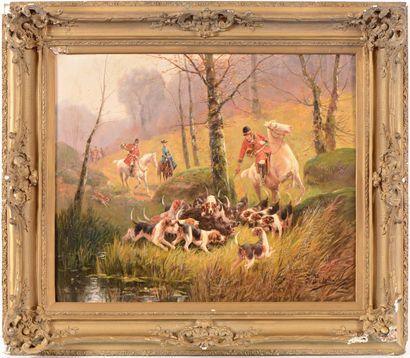 null Eugène PETIT (1839-1886) Scène de chasse à courre Sur sa toile d’origine Signée...