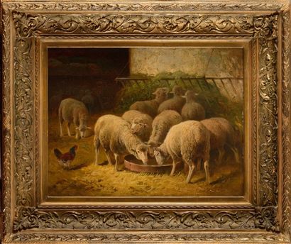 null G. JACQUET (Actif au XIXème siècle) Moutons à l’étable Sur sa toile d’origine...