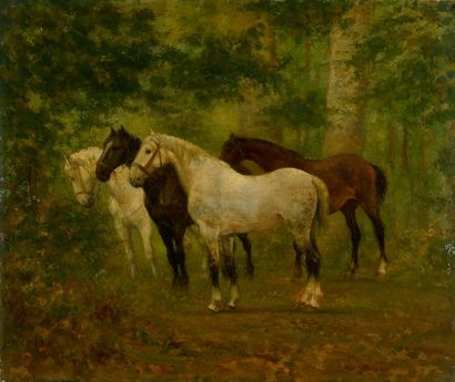 null John Lewis BROWN, attribué à Quatre chevaux en sous-bois Huile sur panneau Non...