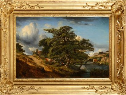 null Jules ANDRé (1807-1869) Grand chêne au bord de l’eau Huile sur toile Signée...