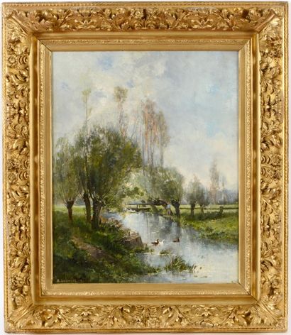 null Henri GUILMARD (1849 - ?) Bord de rivière Huile sur panneau Signée en bas à...