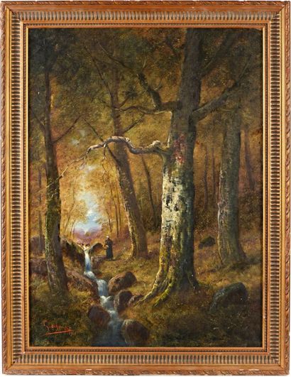 null GODCHAUX (XIXème - XXème siècle) Paysanne en sous-bois Sur sa toile d’origine...