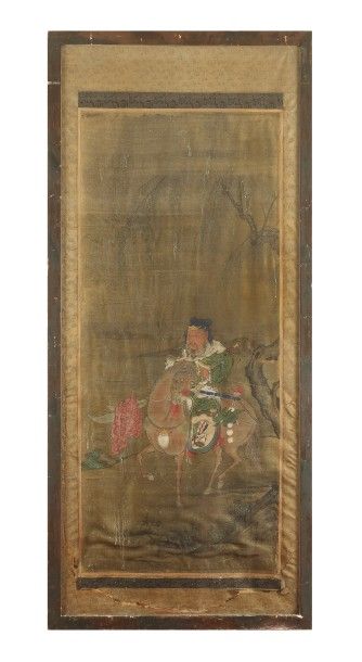 CHINE Deux rouleaux peints, encre et couleur, sur soie. L’une représentant GUAN YU,...